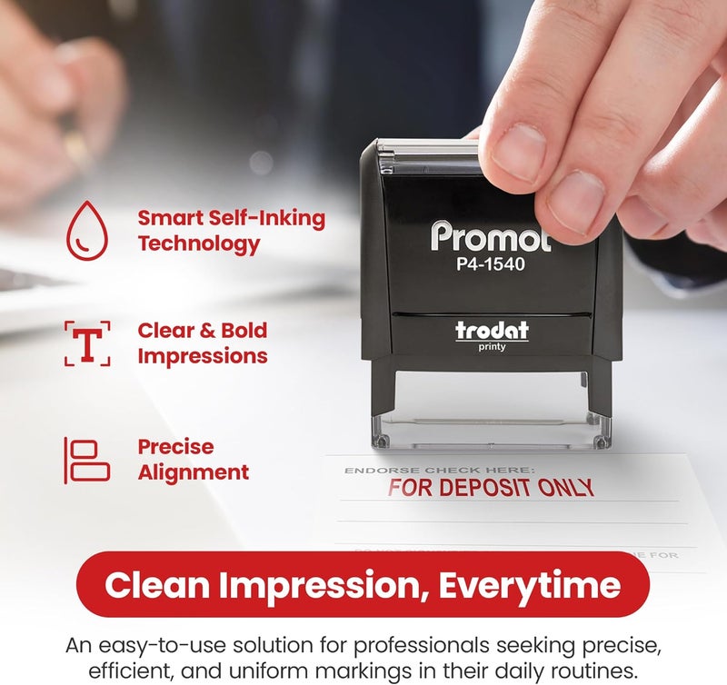 Promot for Deposit Only Self Inking Rubber Stamp - Refillable Office Stamps - Business, Bookkeeping, Ordering, Accounting, Work, Bank, Deposit Stamper - Red Ink - Image 3